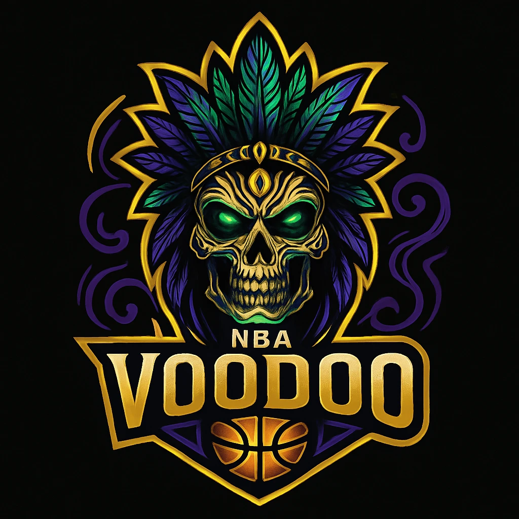 A stylized gold skull with glowing green eyes and a purple and green feathered headdress, above the gold text 'NBA VOODOO' and a basketball symbol. The entire design is set against a black background.
