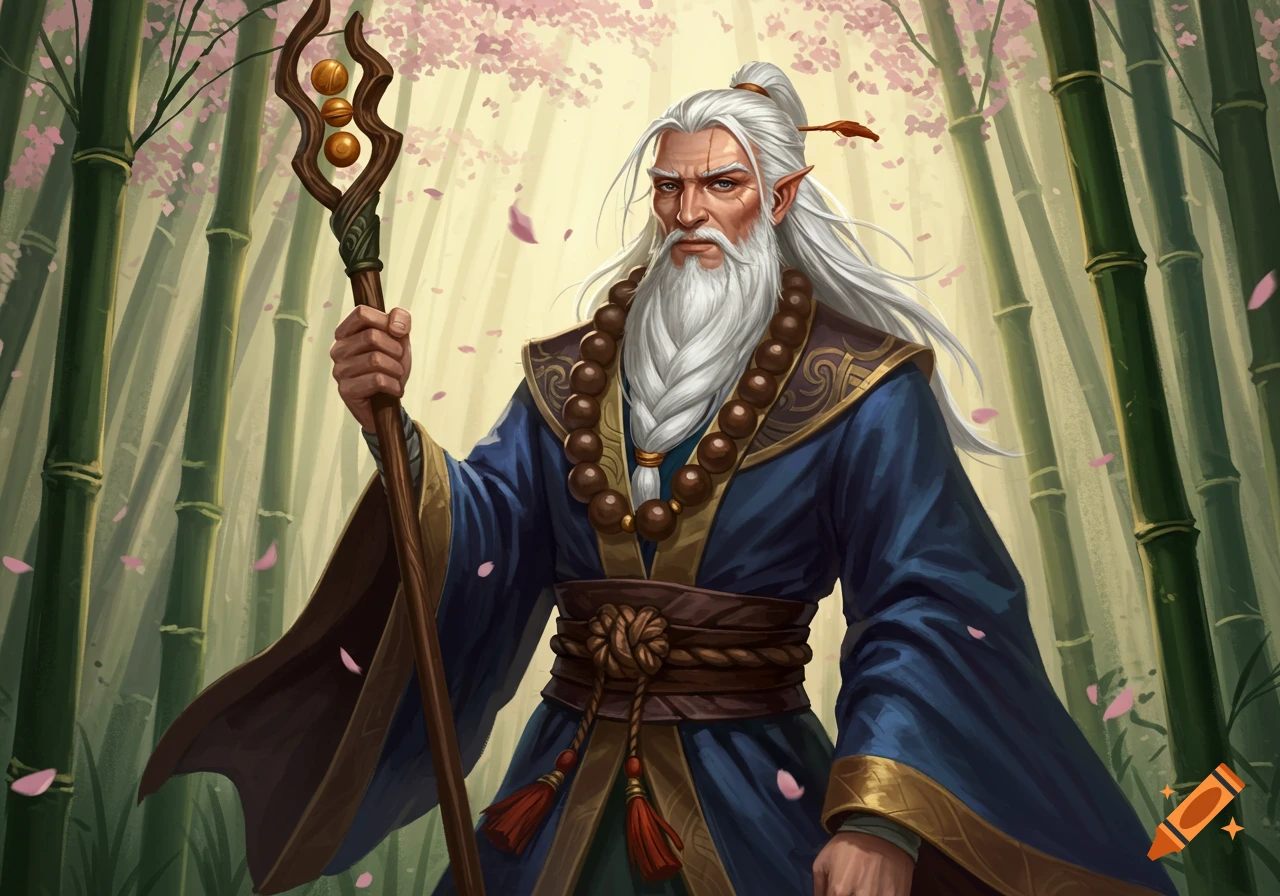 An old man with long white hair and beard, wearing a blue robe and beads, holding a staff in a bamboo forest with pink petals, digital art.