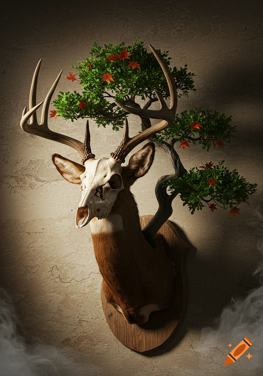 A photorealistic deer mount features a skull head and one antler shaped as a lush bonsai tree, against a textured wall.