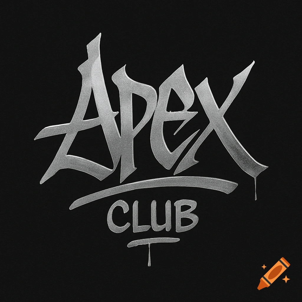 Silver metallic graffiti style logo reading 'APEX CLUB T' on a black background.