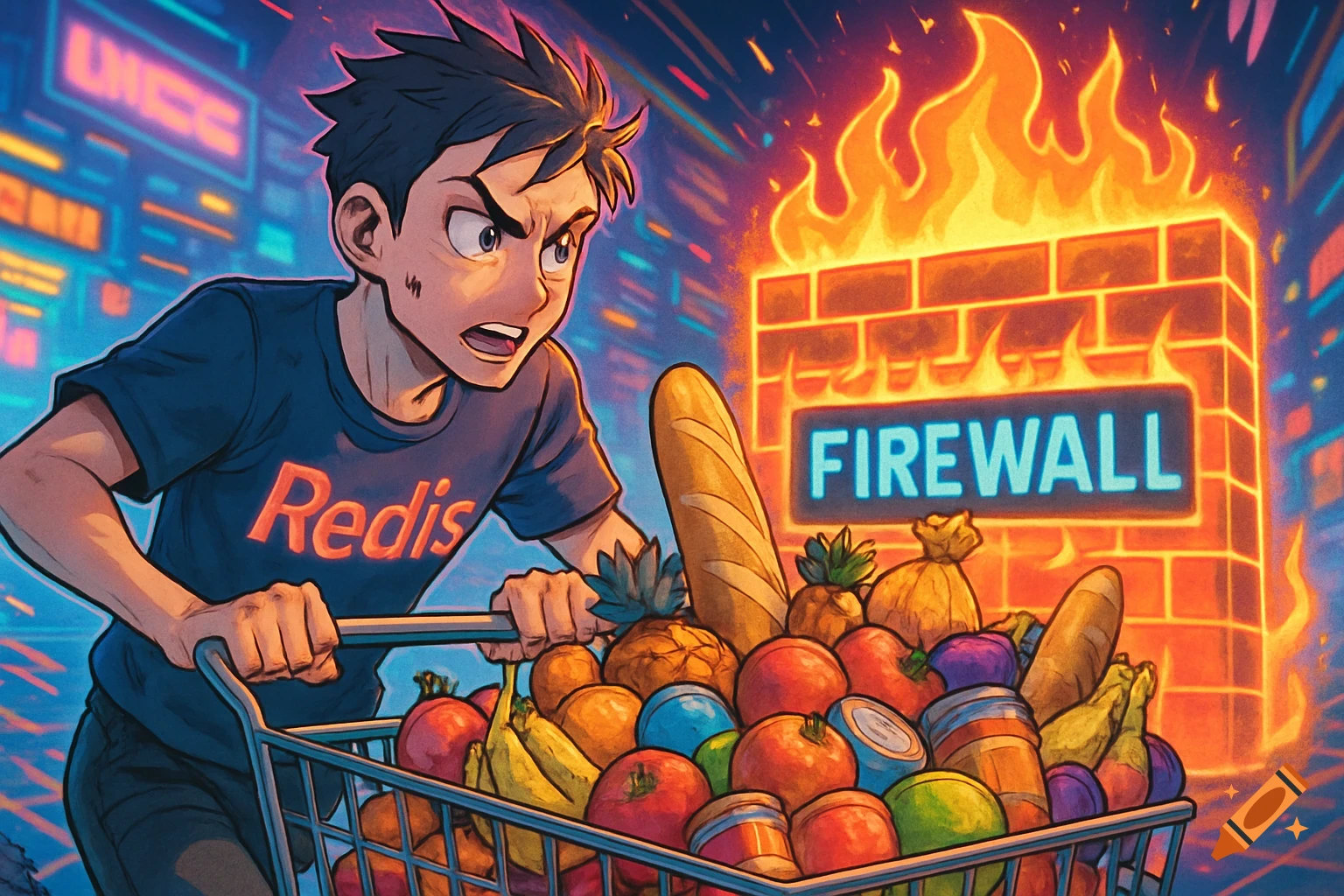 Anime man in Redis shirt pushes shopping cart of groceries towards a burning firewall.