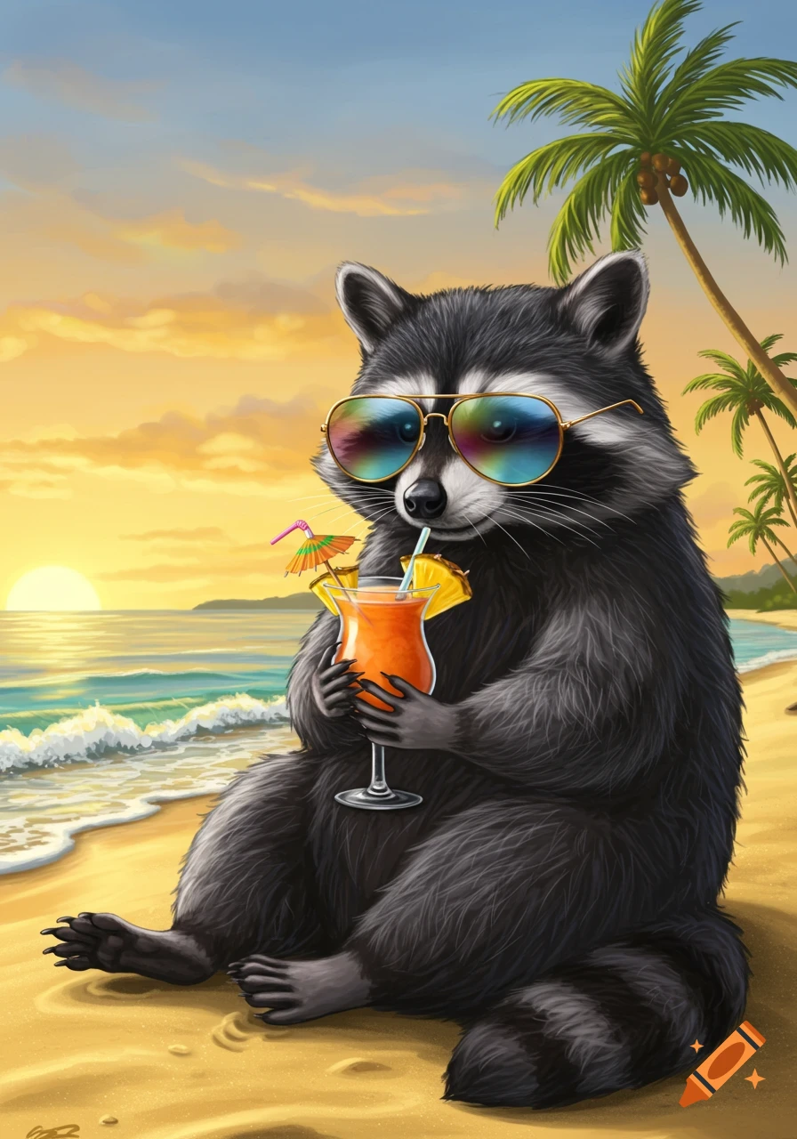 An illustrated raccoon wearing sunglasses sits on a sandy beach at sunset, holding a tropical cocktail.
