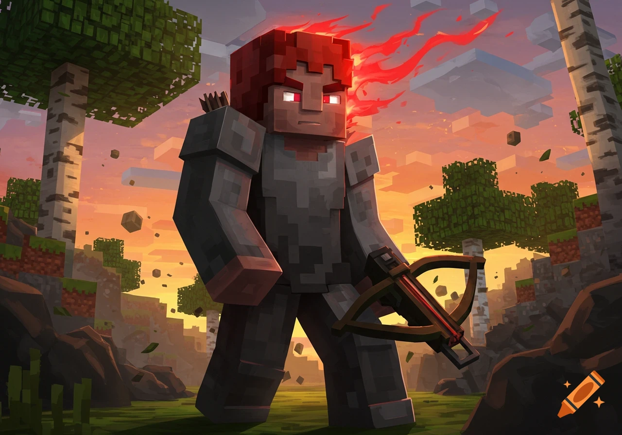 A Minecraft-style character with fiery red hair, glowing red eyes, and gray armor holds a crossbow against a sunset landscape with floating blocks.