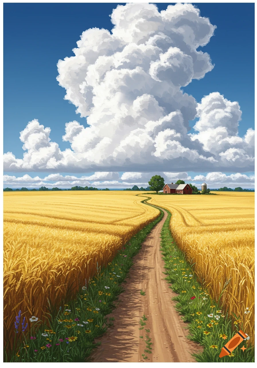 A dirt road winds through a golden wheat field towards a red barn and silo under a sky with large white clouds, in an illustrated style.