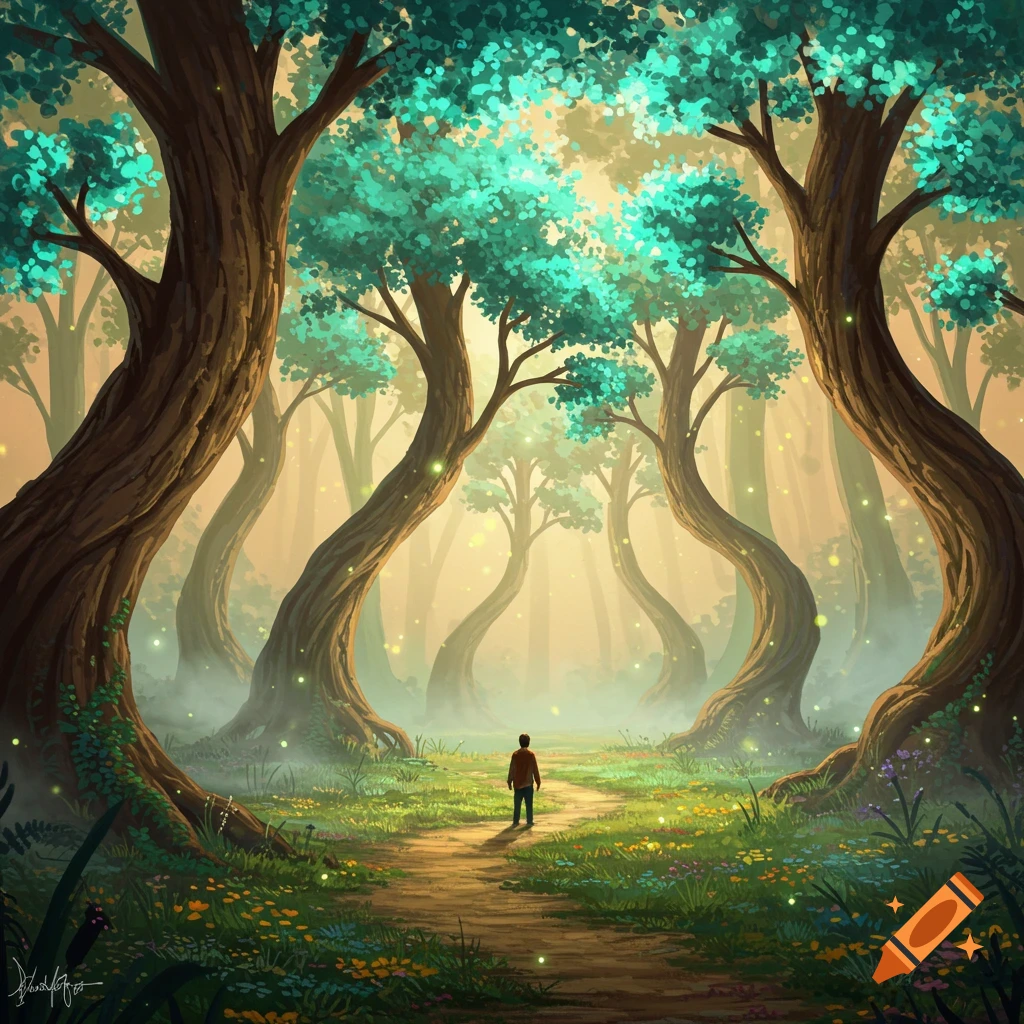 A person stands on a path in a whimsical forest with glowing green-blue trees and sparkling light.