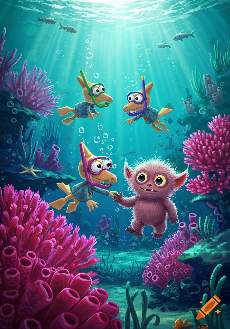 Colorful cartoon of three snorkelers and a furry purple monster swimming underwater among vibrant pink coral reefs and fish.