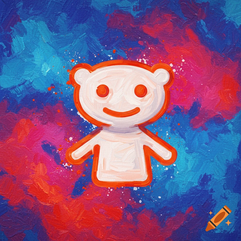 A white Reddit Snoo with an orange outline on an abstract blue and red painted background with white splatters.
