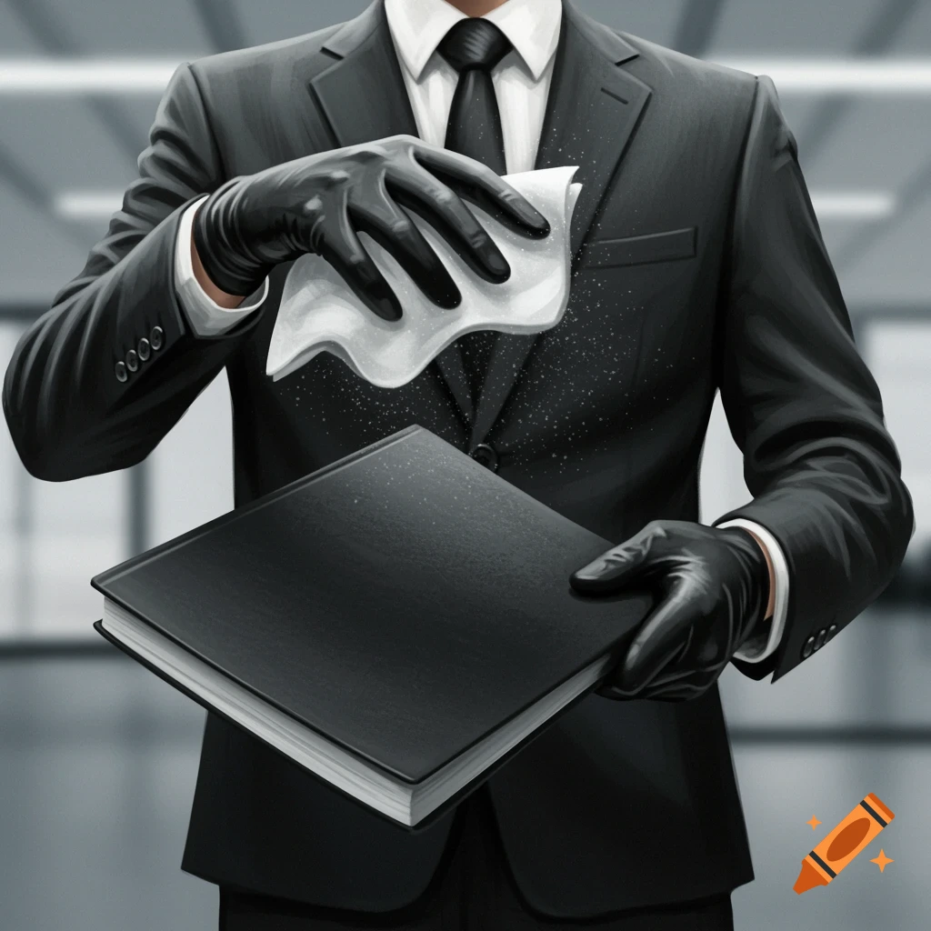 Close-up illustration of a person in a black suit and gloves wiping dust from a black report.