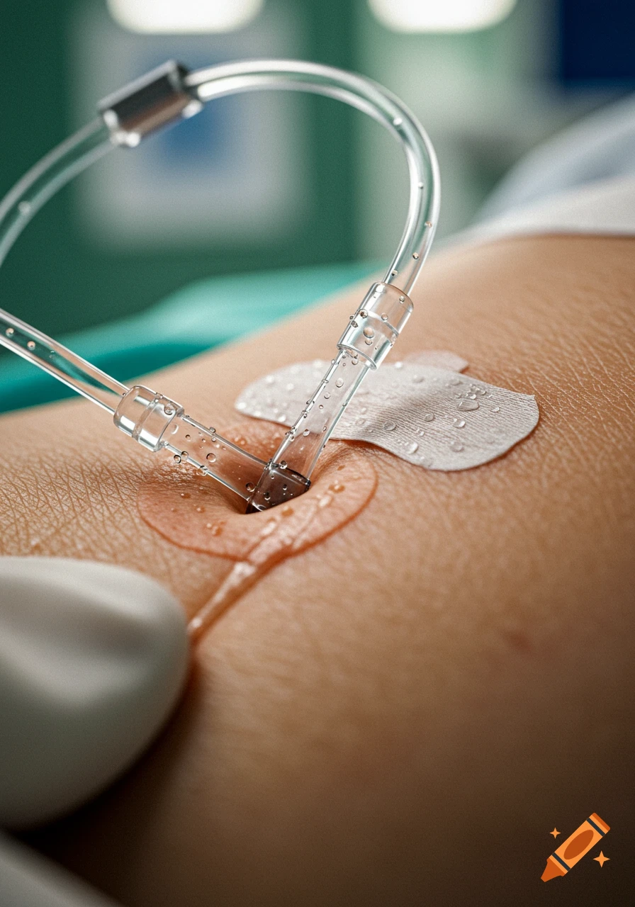 Close-up of a medical catheter inserted into skin, with clear tubes and a small amount of liquid around the entry point.