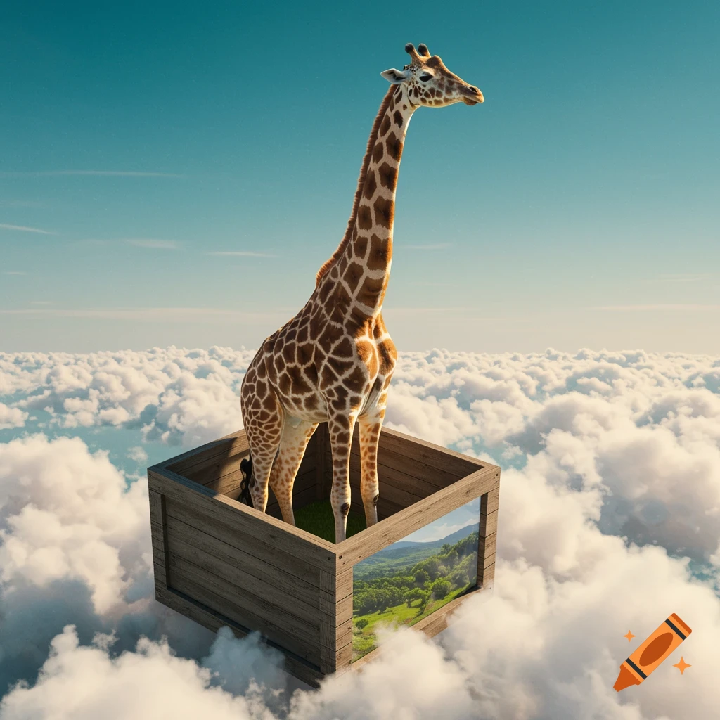 A giraffe stands in a wooden box floating above clouds. A window on the box shows a green landscape.