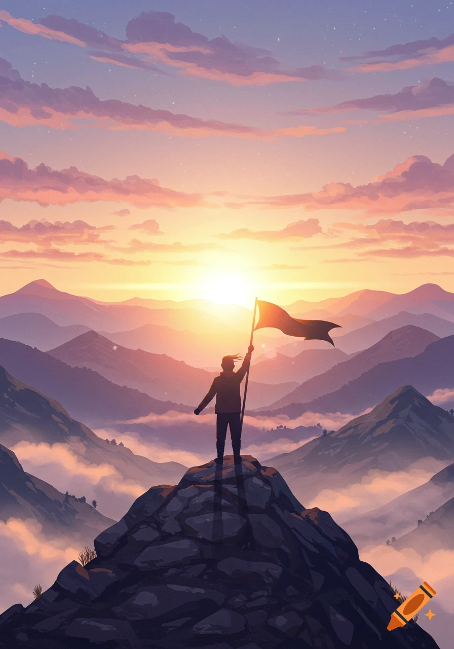 An illustration of a person standing on a mountain peak holding a flag, silhouetted against a vibrant sunset over a cloudy mountain range.