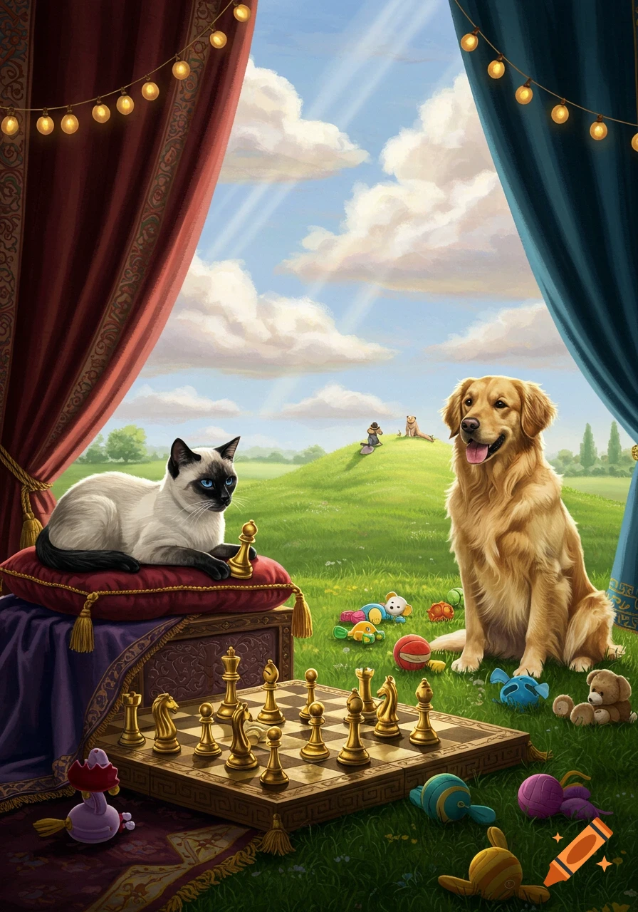 A Siamese cat and a Golden Retriever sit by a chessboard in a grassy field, framed by red and blue curtains. Toys are scattered on the grass.