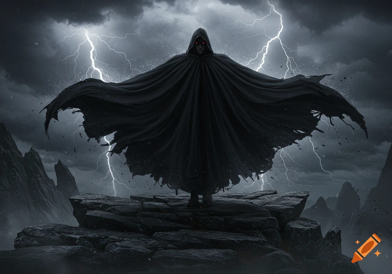 A dark, hooded figure with glowing red eyes stands with outstretched arms on a rocky outcrop under a stormy, lightning-filled sky.