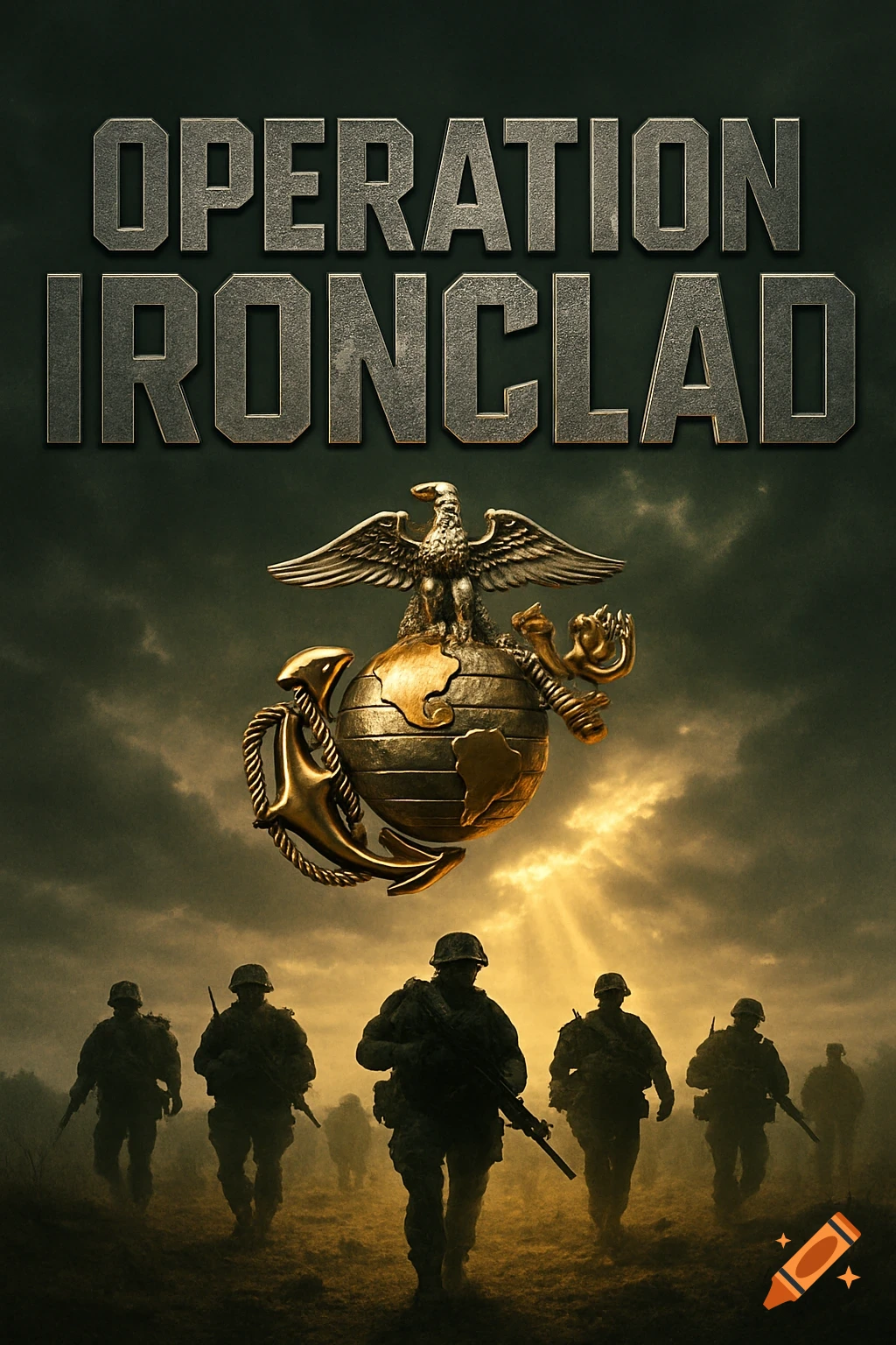Text "OPERATION IRONCLAD" above a US Marine Corps emblem, with silhouetted soldiers walking under a dramatic, sunlit sky.