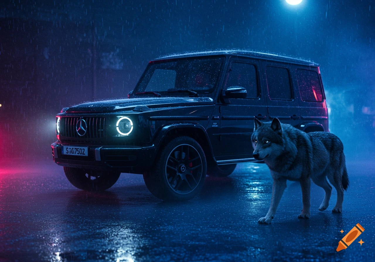 A black Mercedes G-Class car and a grey wolf on a wet, rainy street at night, illuminated by blue and red light reflections.