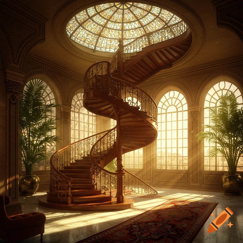 A grand spiral wooden staircase in a lavish hall, illuminated by golden sunlight streaming through large arched windows and a stained glass dome.
