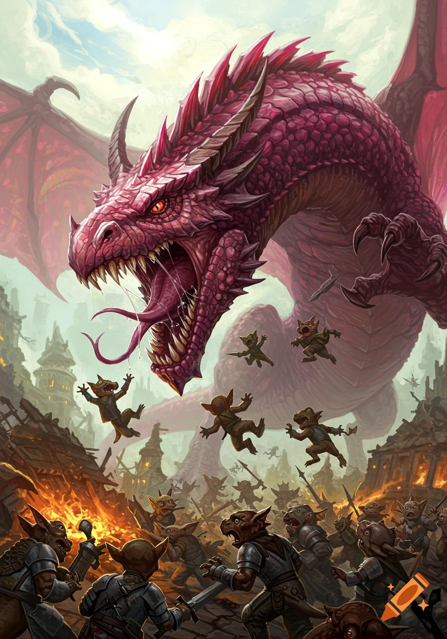 A massive, angry red dragon with glowing eyes and open maw looms over a ruined village, as tiny kobolds flee in panic.