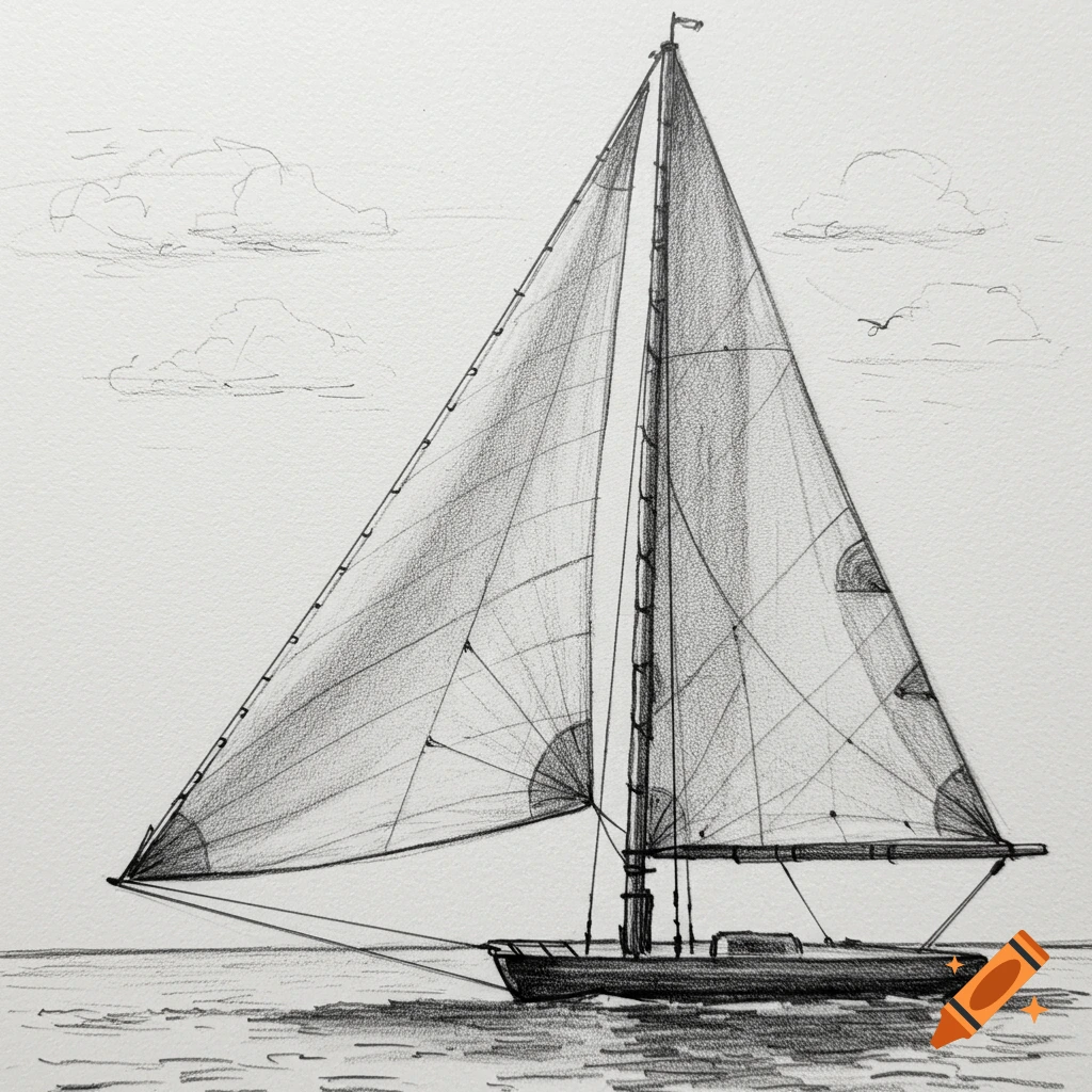 A black and white sketch of a sailboat on the water under a cloudy sky.
