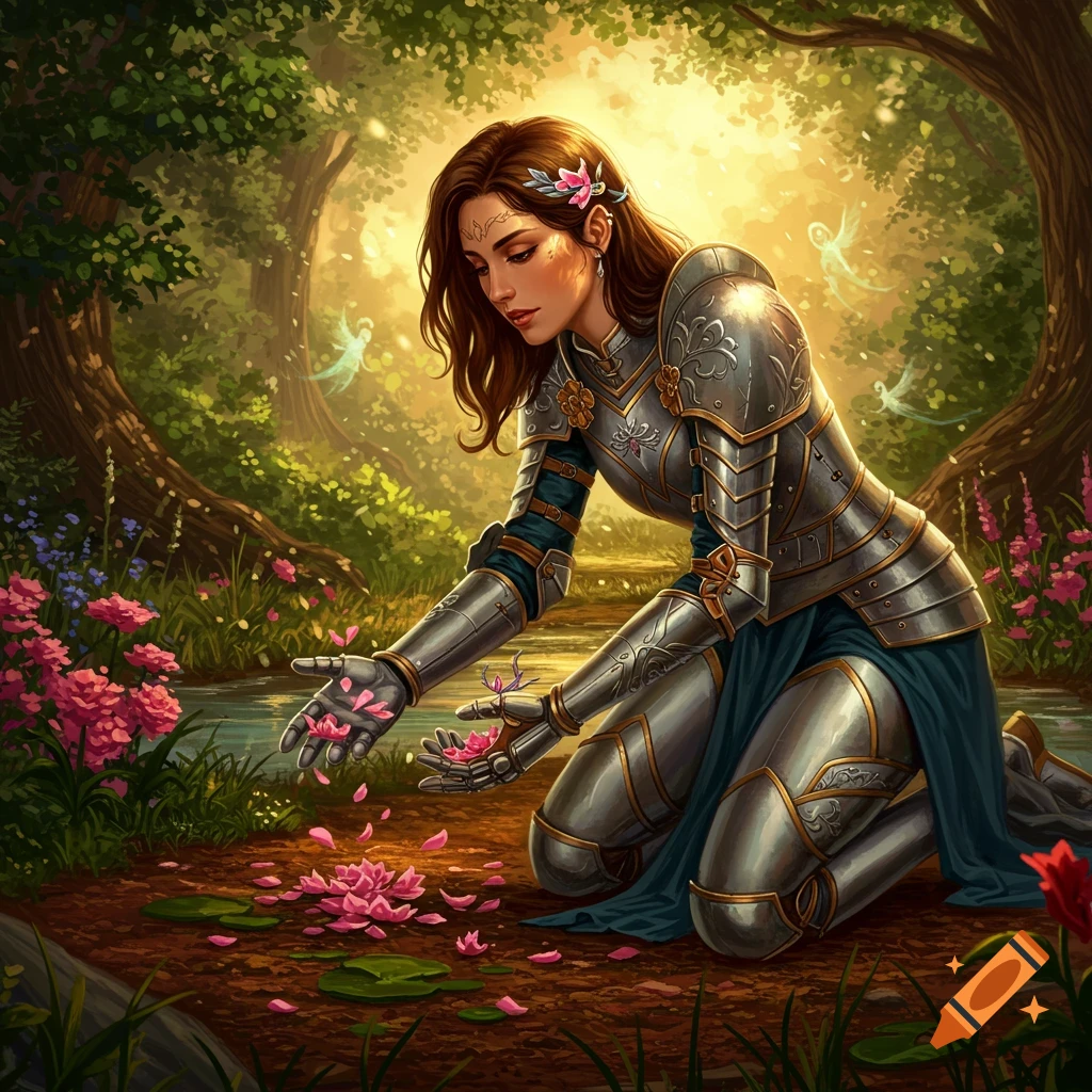 A female warrior in intricate armor kneels in an enchanted forest, gently gathering pink flower petals. Glowing fairies float nearby.