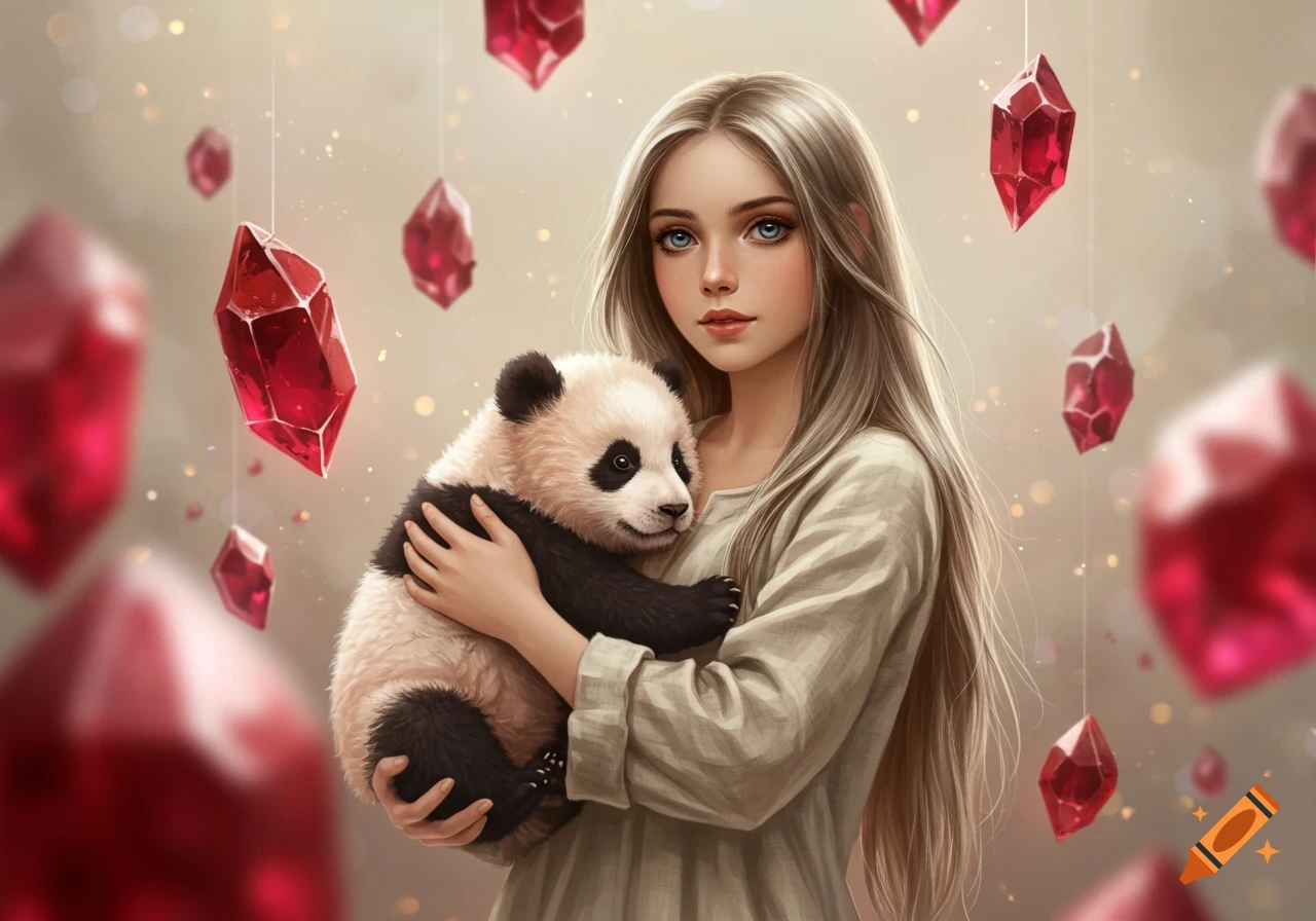 A young woman with long blonde hair holds a baby panda amidst floating red crystals in a painterly style.