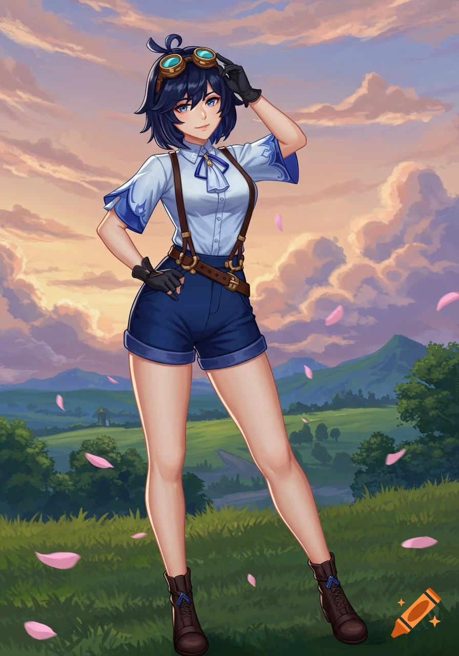 Anime style character resembling Yelan with dark blue hair, white shirt, blue shorts, brown suspenders, and goggles, standing in a field with a sunset sky.