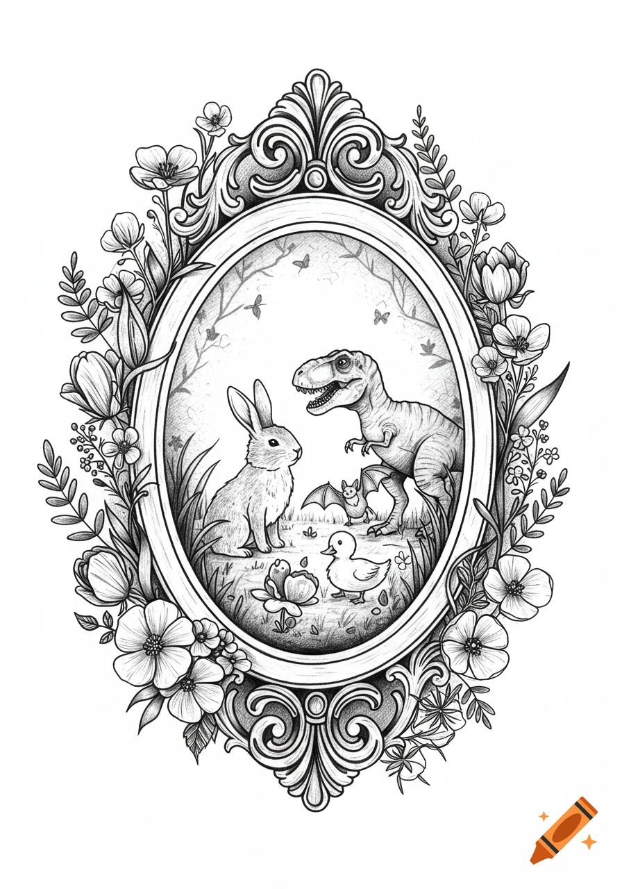 Black and white whimsical illustration of a bunny, T. rex, bat, and duckling inside an oval gothic frame surrounded by flowers.