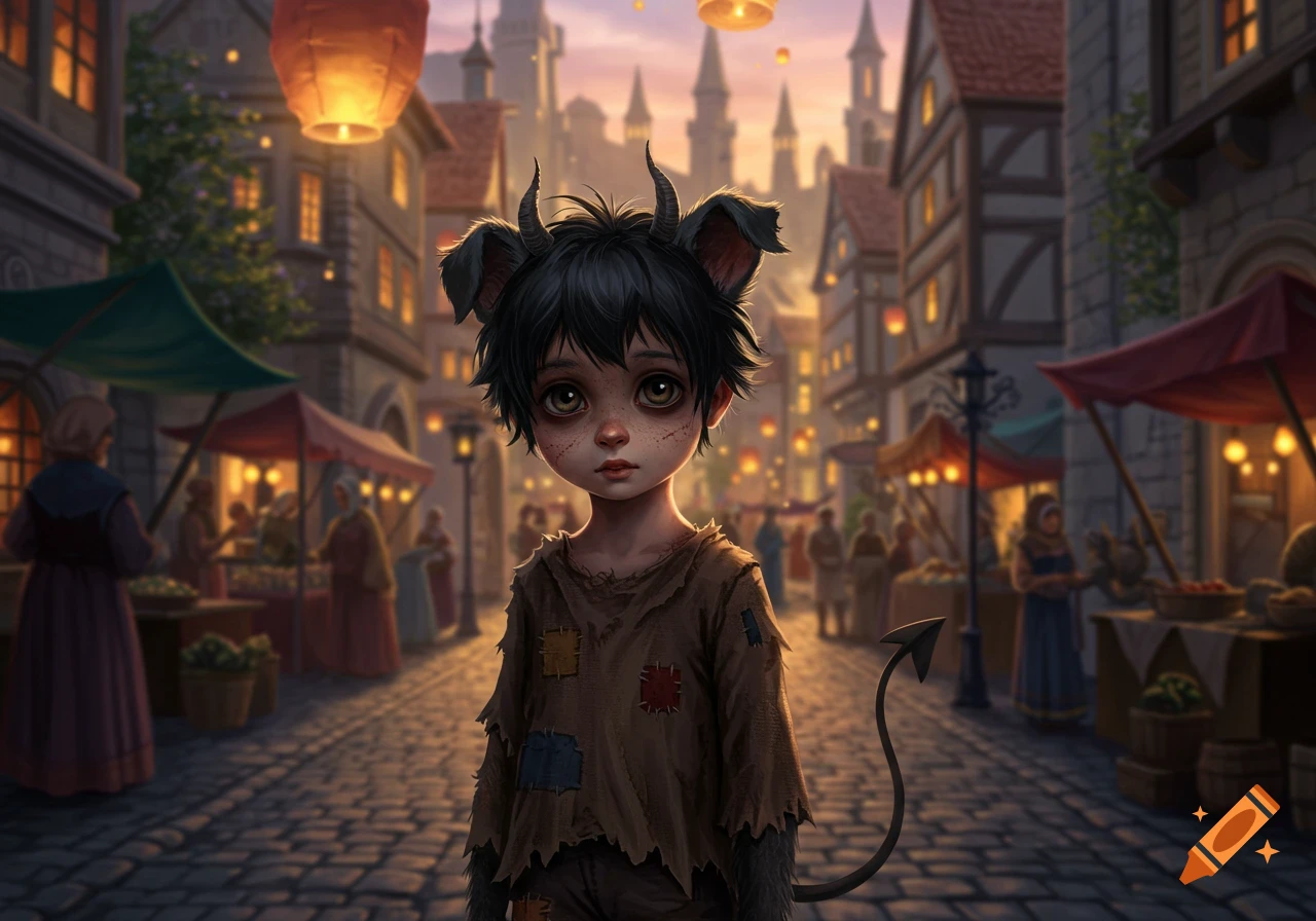 A young boy with black hair, horns, and a demonic tail stands on a cobblestone street in a fantasy city at dusk, illuminated by glowing lanterns.