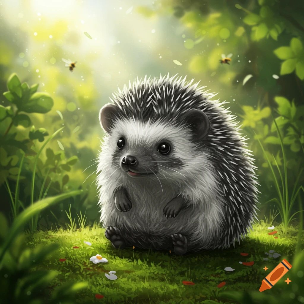 A cute black and white hedgehog sits in a lush green forest with soft sunlight filtering through the trees and tiny insects flying nearby.