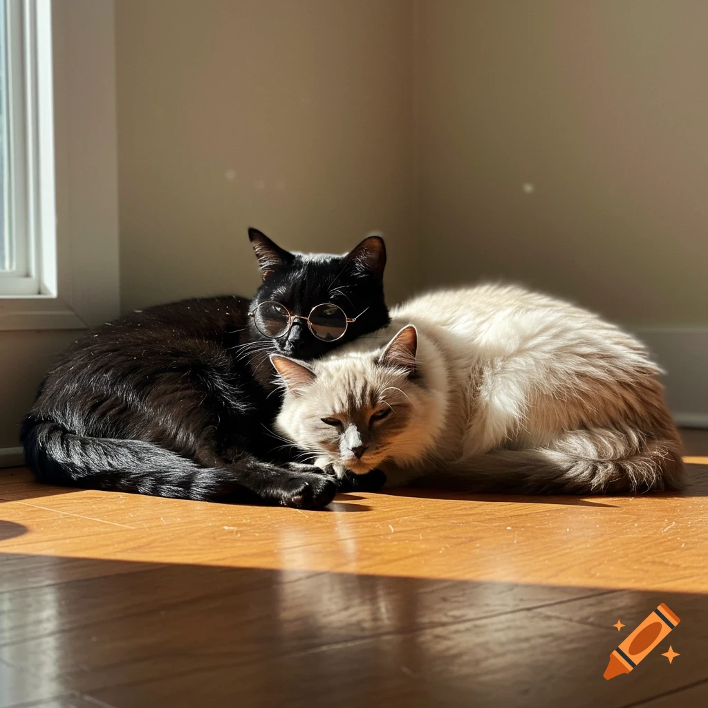 A black cat wearing glasses and a ragdoll cat cuddled together in a sunbeam on a wooden floor.