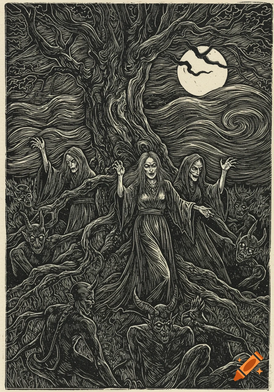 Black and white woodcut illustration of three witches under a full moon, surrounded by horned devils and tree roots.