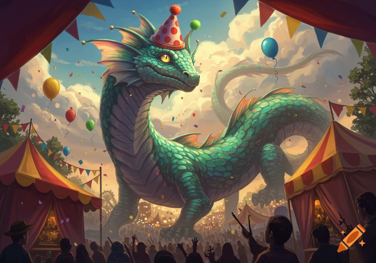 A giant green dragon with a party hat stands amidst a festive carnival with tents, balloons, and confetti.