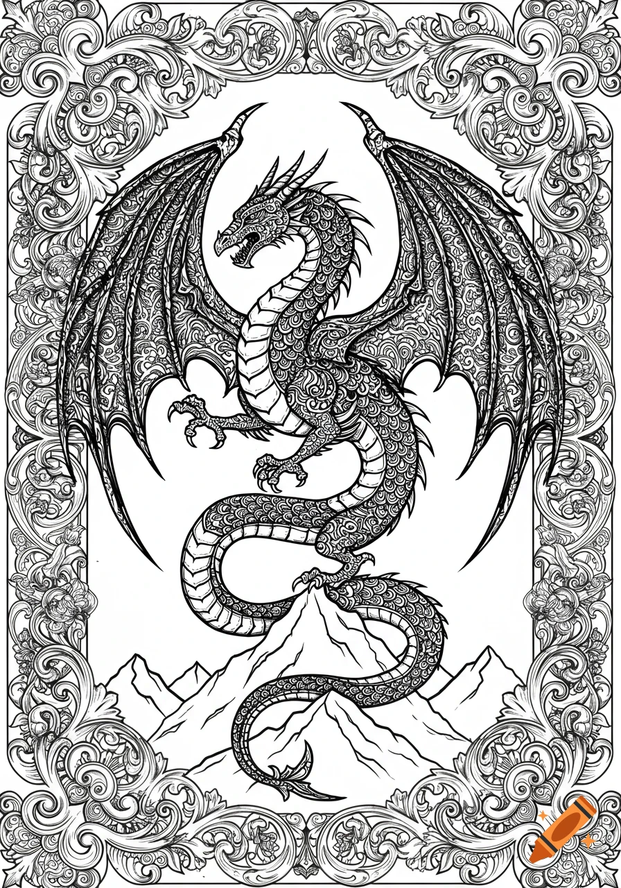 Black and white filigree dragon standing on a mountain peak inside an ornate floral border.