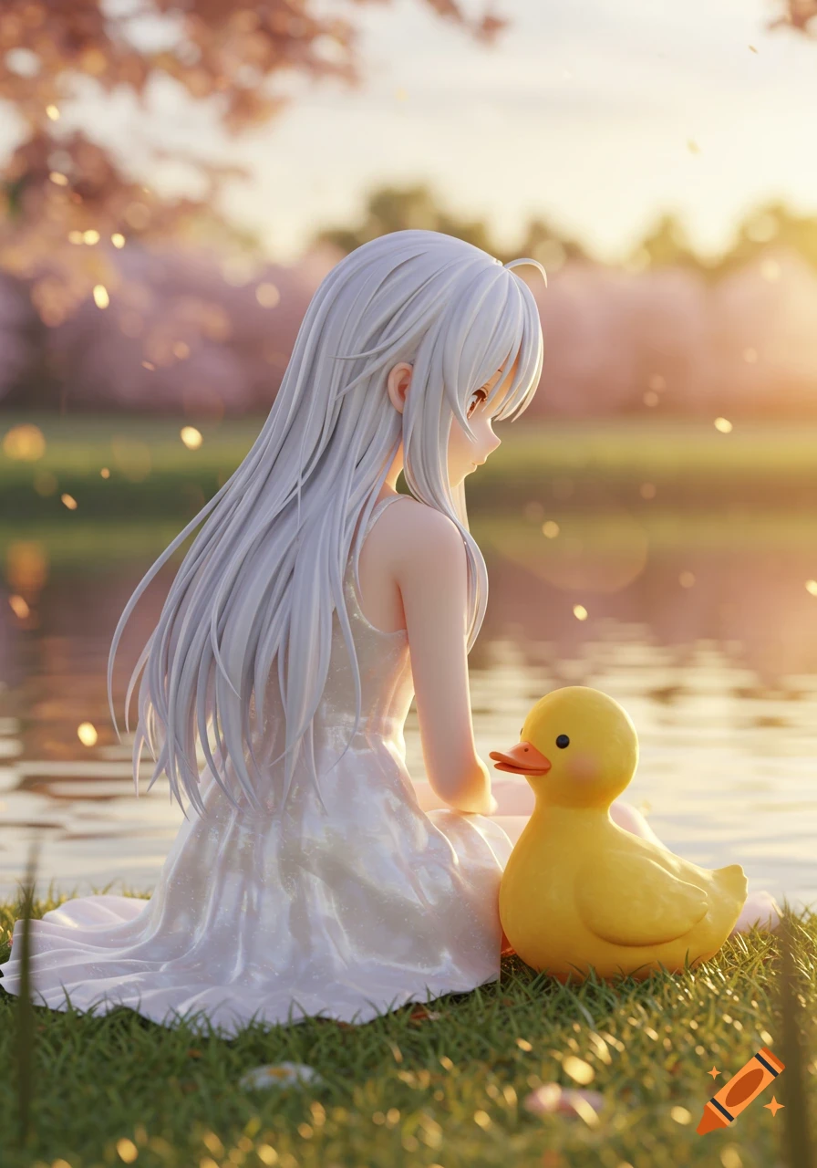 A 3D anime girl with long white hair in a white dress sits beside a yellow rubber duck on green grass by a lake at sunset.
