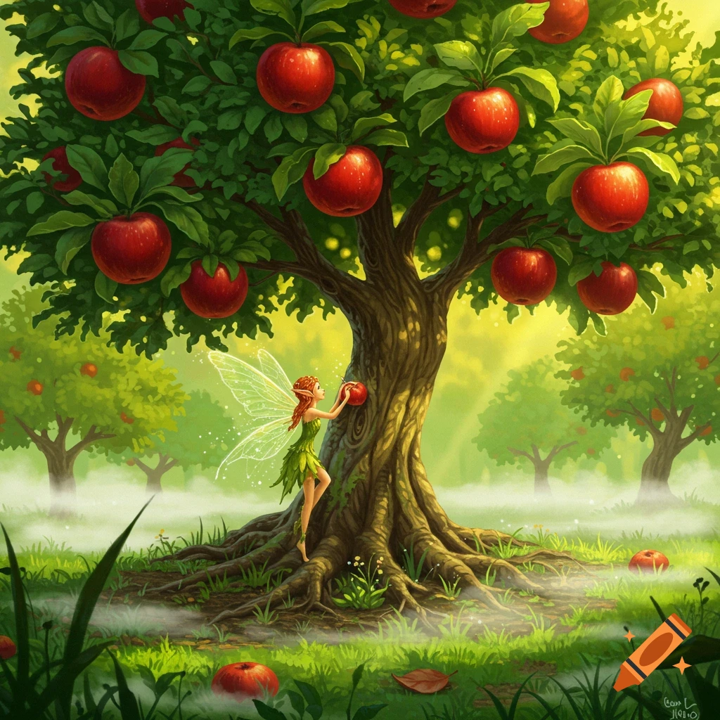 A small fairy with glowing wings reaches for a red apple on a large, gnarled tree in a vibrant, misty orchard.