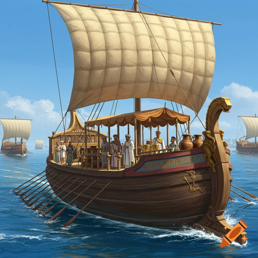 A large ancient merchant ship with a single sail and oars carries robed figures on a blue sea under a clear sky, with other ships in the distance.
