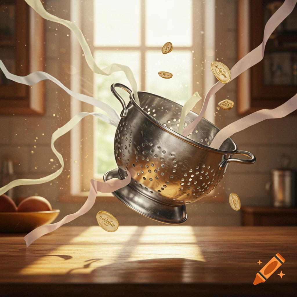 A metal colander floats in a sunlit kitchen, surrounded by flowing ribbons and falling gold coins.