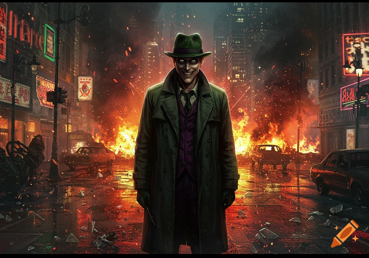 A stylized image of a man resembling the Riddler in a green trench coat and hat, standing in a burning, chaotic city street at night.