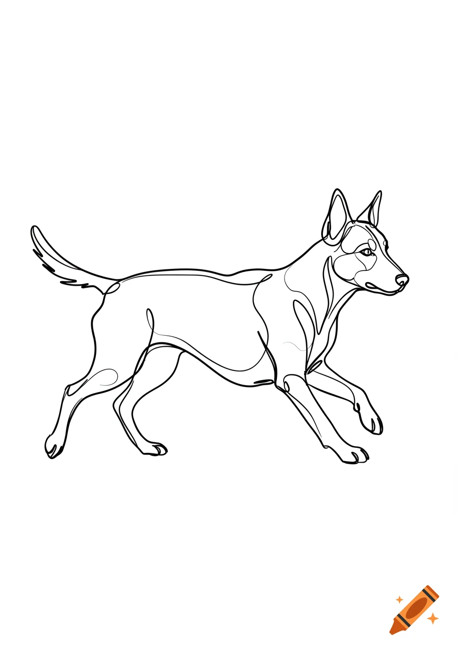 A black and white continuous line drawing of a running dog on a white background.