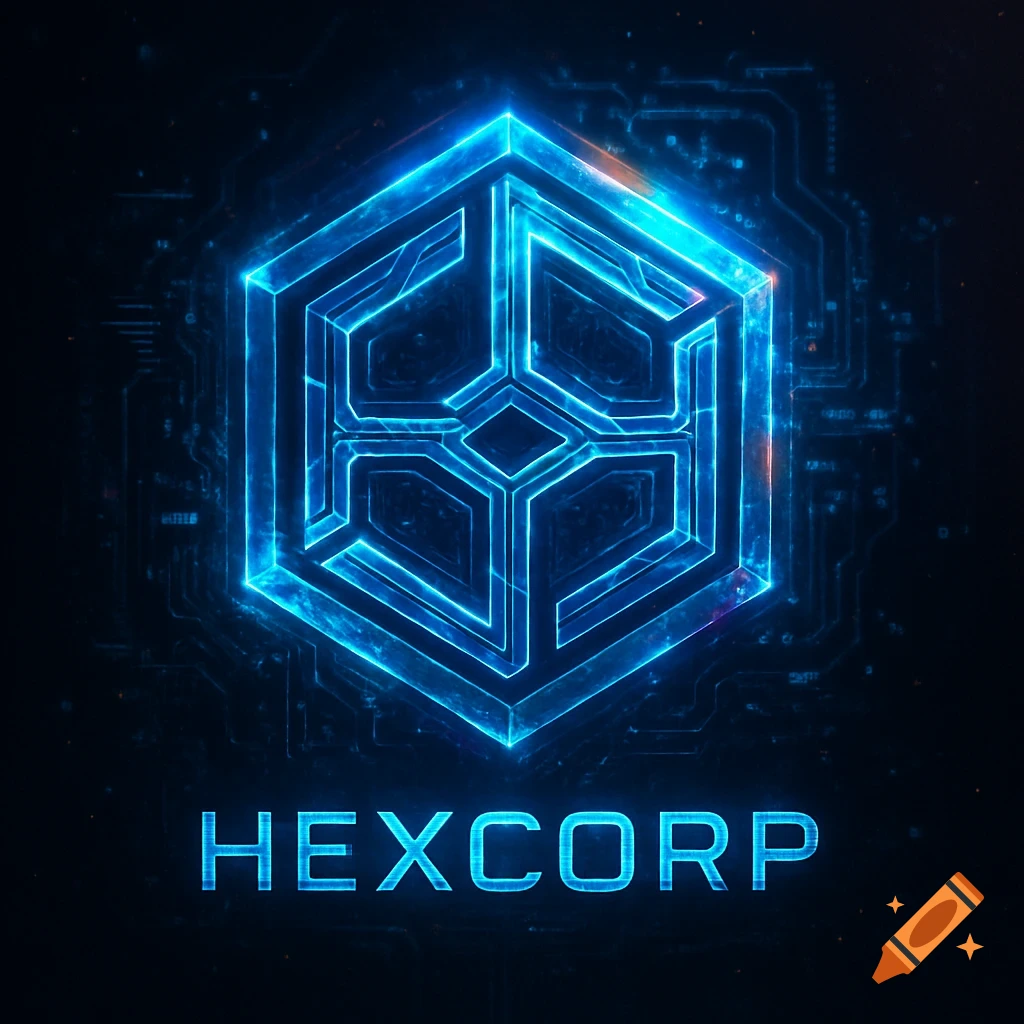 A glowing blue futuristic hexagonal logo with circuit board patterns in the background and the word HEXCORP below.