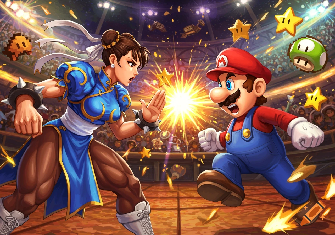 A colorful illustration of Chun-Li and Mario facing off in a brightly lit arena, surrounded by power-up items.