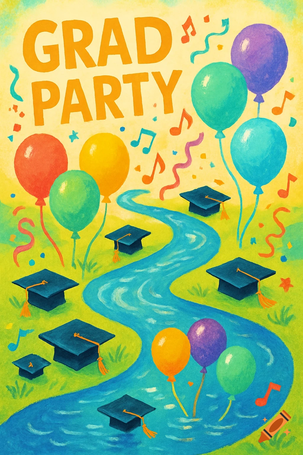 A vibrant, textured illustration for a 'GRAD PARTY' with colorful balloons, a winding blue river, and dark blue graduation caps scattered on green grass.