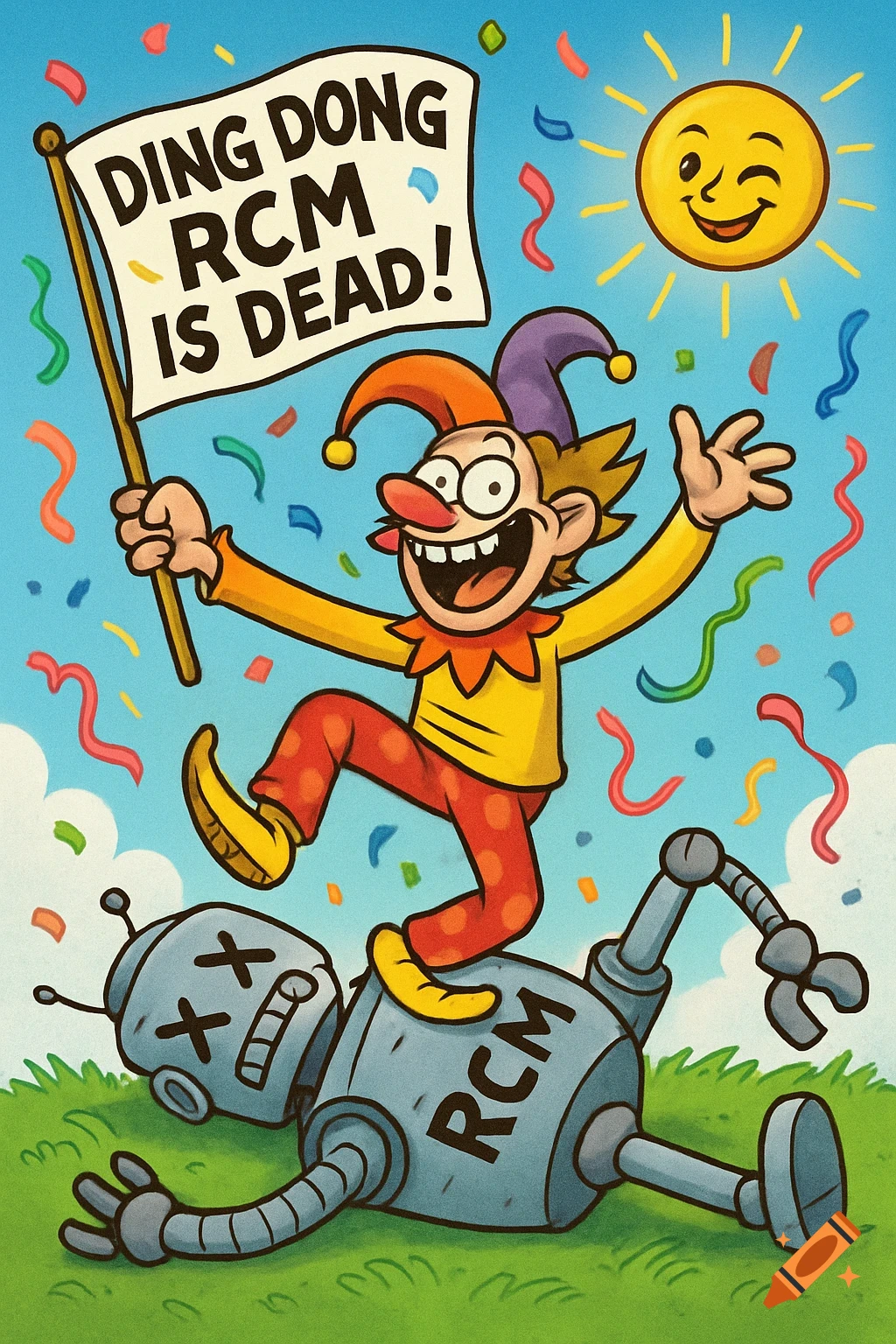 A joyful jester stands triumphantly on a defeated robot labeled RCM, holding a flag that reads 'DING DONG RCM IS DEAD!' with confetti in a cartoon style.