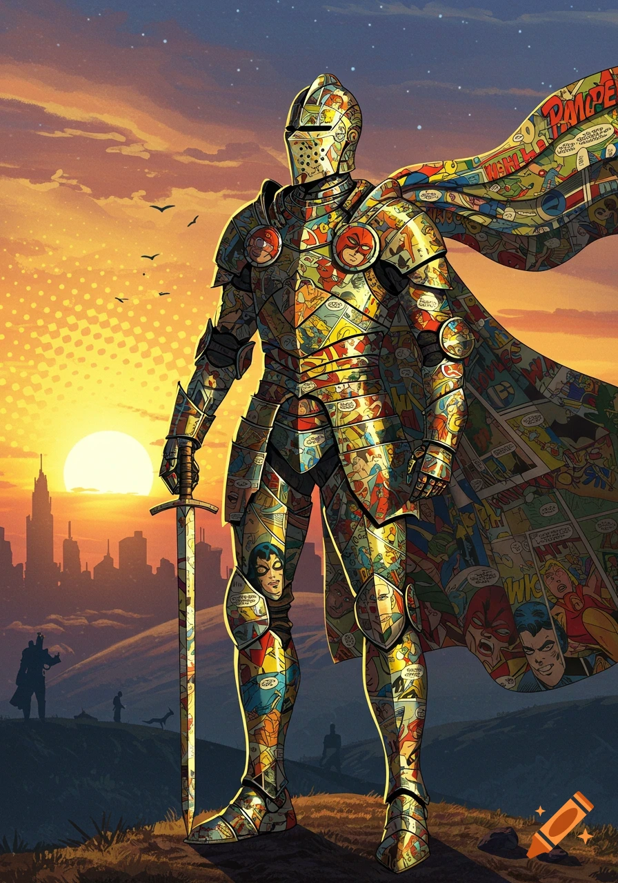 A knight in armor made of colorful comic book panels stands holding a sword at sunset, with a cityscape in the background.