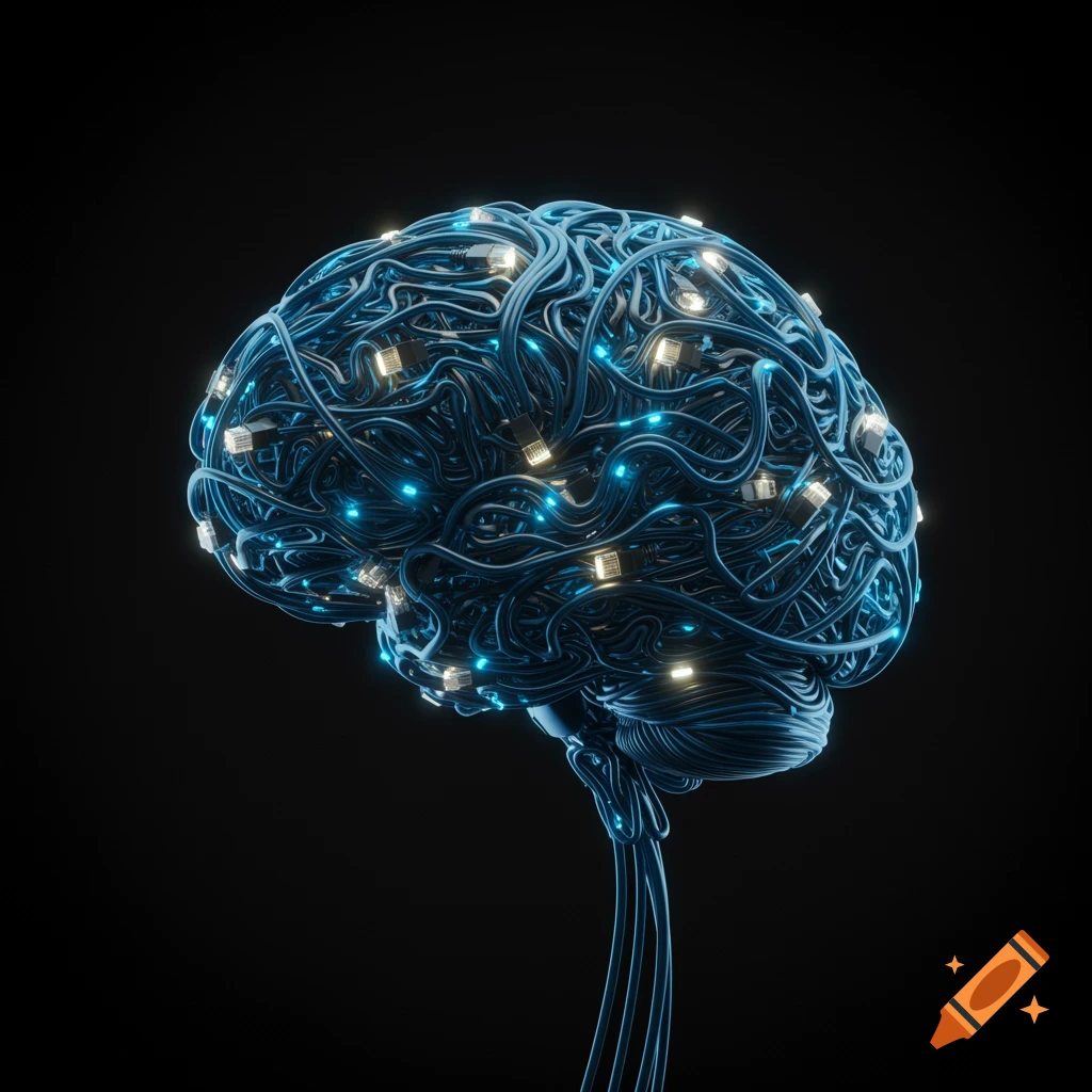 A highly detailed, glowing brain made of intertwined blue cables with glowing white and blue RJ45 plugs, set against a dark background.