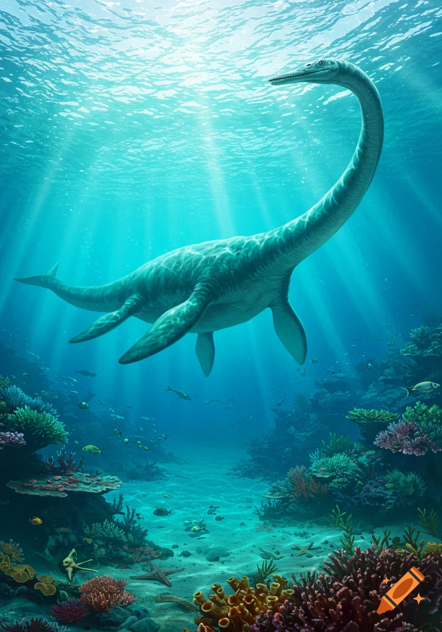 A long-necked plesiosaur swims in clear blue ocean water above a vibrant coral reef, with sun rays piercing the surface.