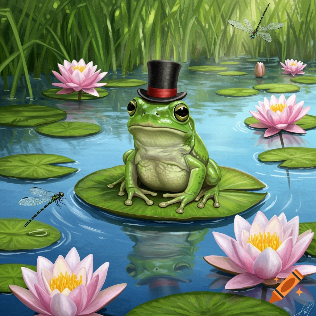A green frog wearing a black top hat sits on a lily pad among pink water lilies in a pond, with dragonflies flying nearby. Painted style.
