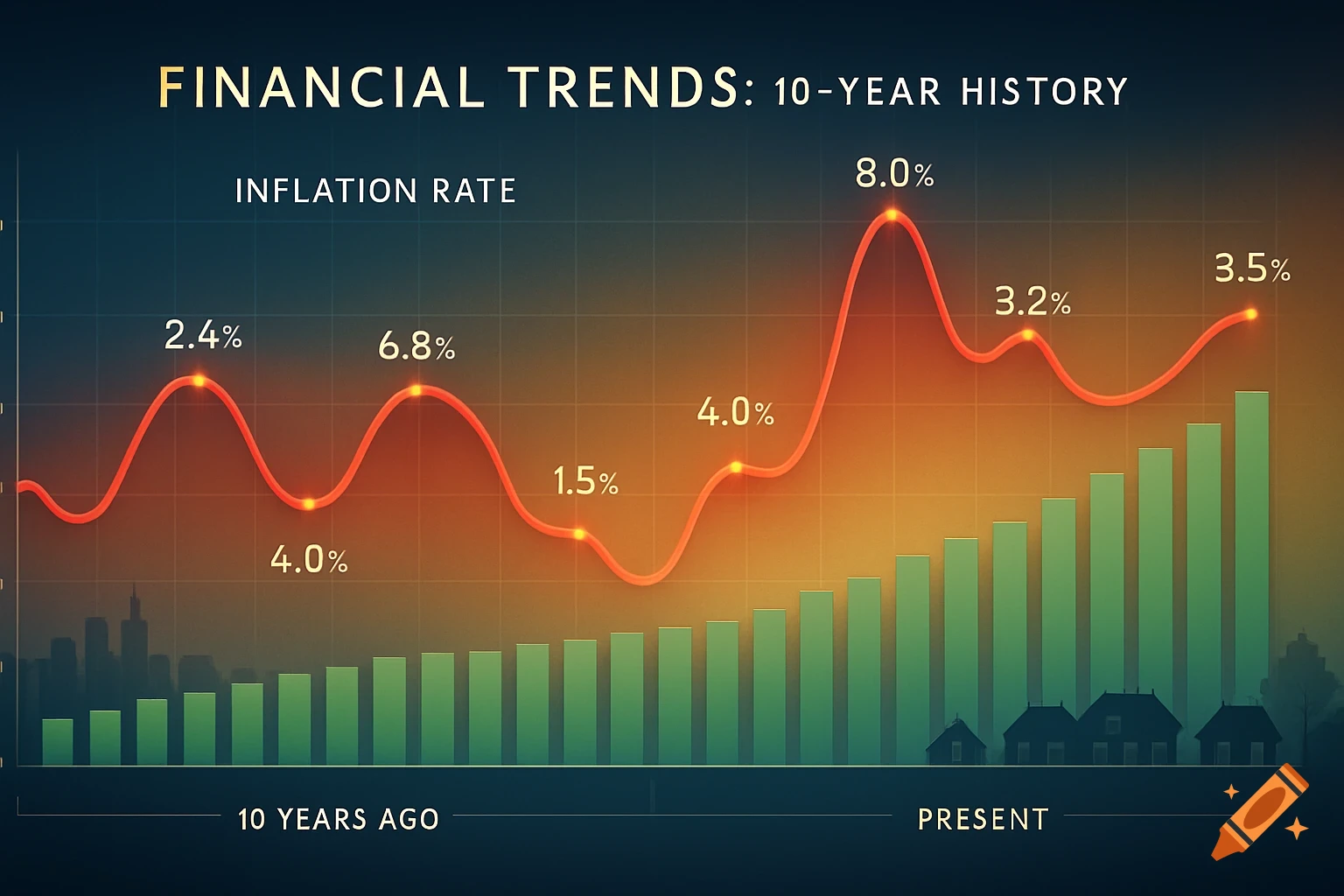 A colorful financial chart titled 'Financial Trends: 10-Year History' showing a red line for inflation rate over green bars, with a city skyline and houses at the bottom.