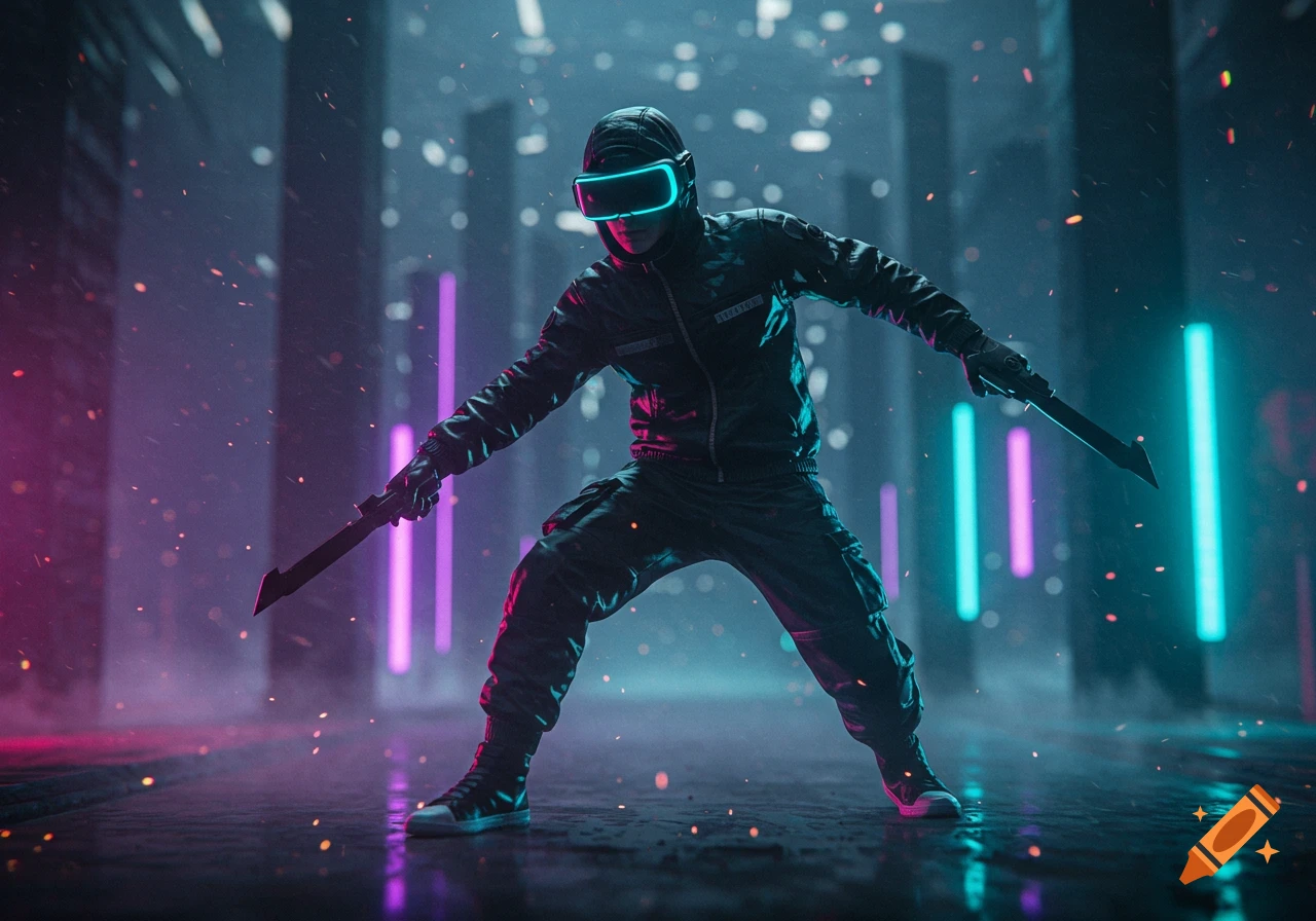 A person in a black hooded suit and glowing VR headset stands in a dark, neon-lit city street, holding two futuristic blades.