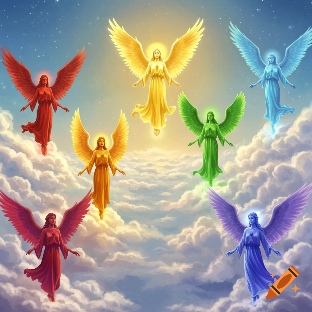 Seven vibrant, glowing angels in different chakra colors float among white clouds in a celestial sky.