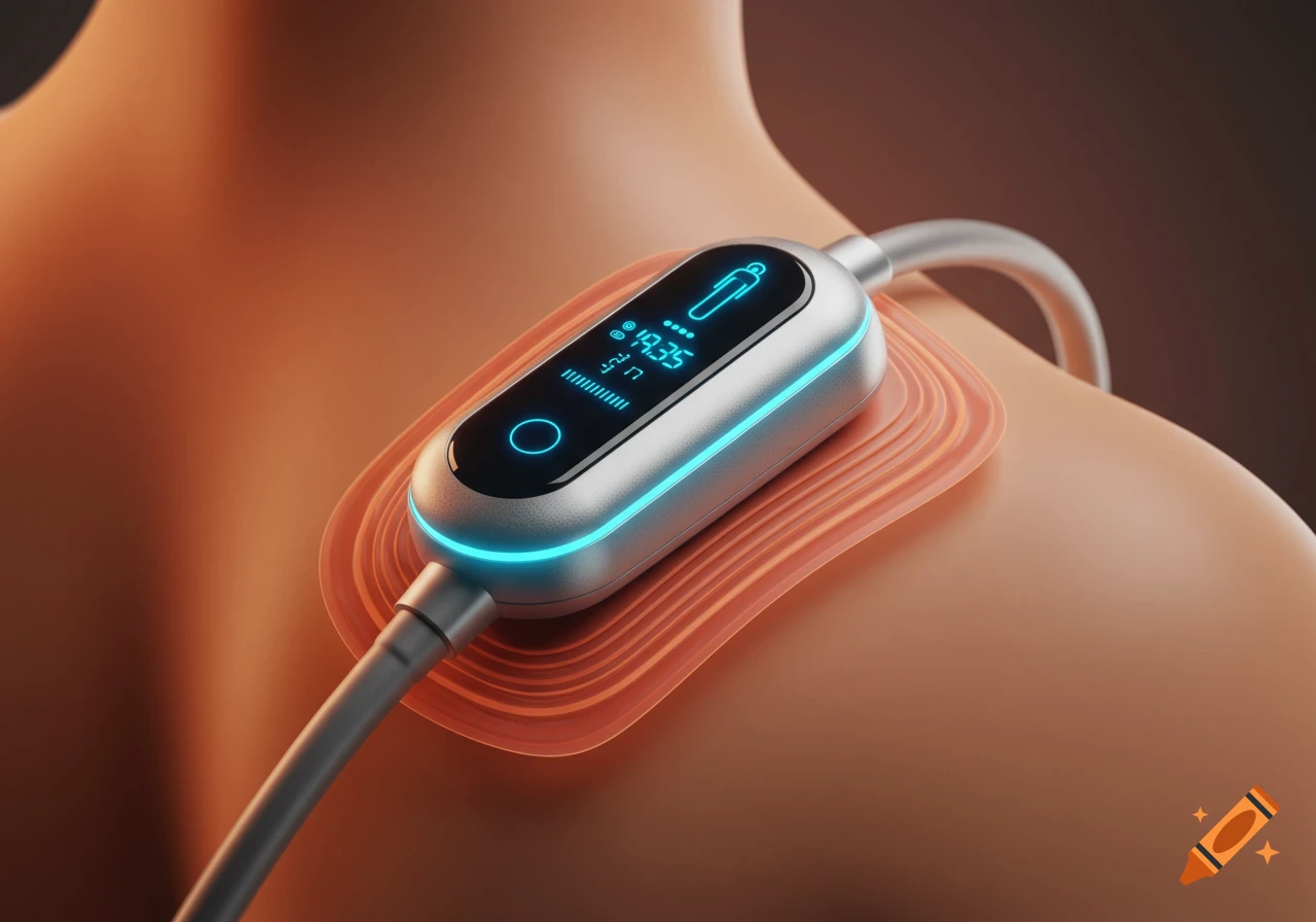 A photorealistic close-up of a futuristic silver and blue device with a screen attached to a person's shoulder.
